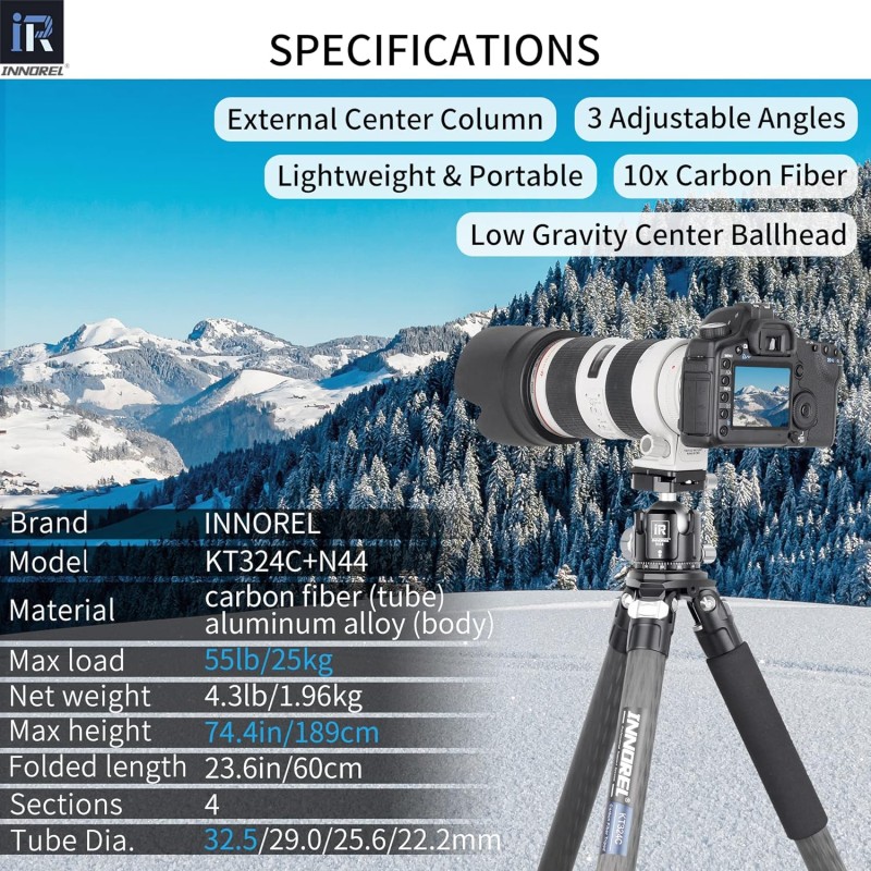 INNOREL カメラ 三脚 カーボン 一眼レフ三脚 25KG最大耐荷重 4段伸縮 18-189CM 九州・福岡レンタル